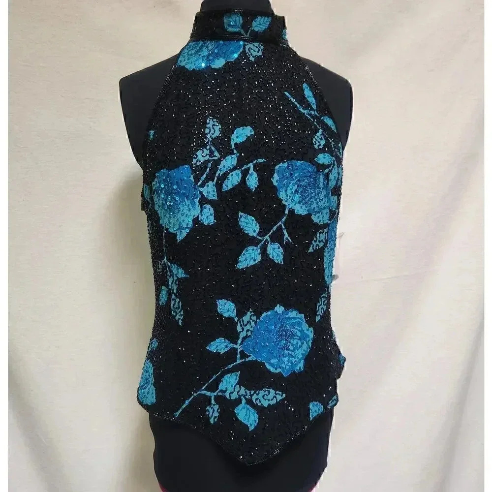 Sean Collection Black Halter Top with Turquoise Floral Sequin